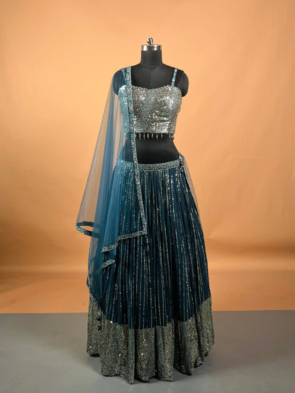 Teal Blue Sequin Embellished Lehenga Set with Net Dupatta