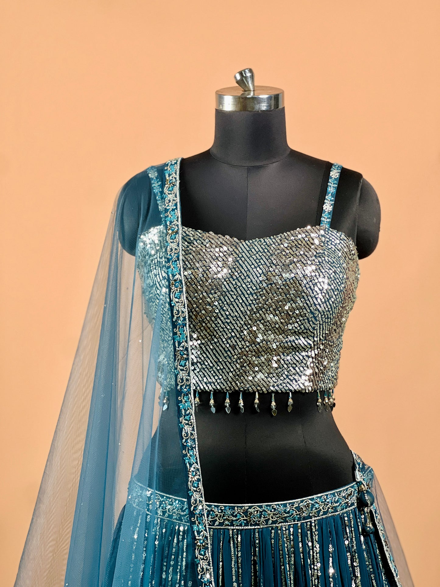 Teal Blue Sequin Embellished Lehenga Set with Net Dupatta