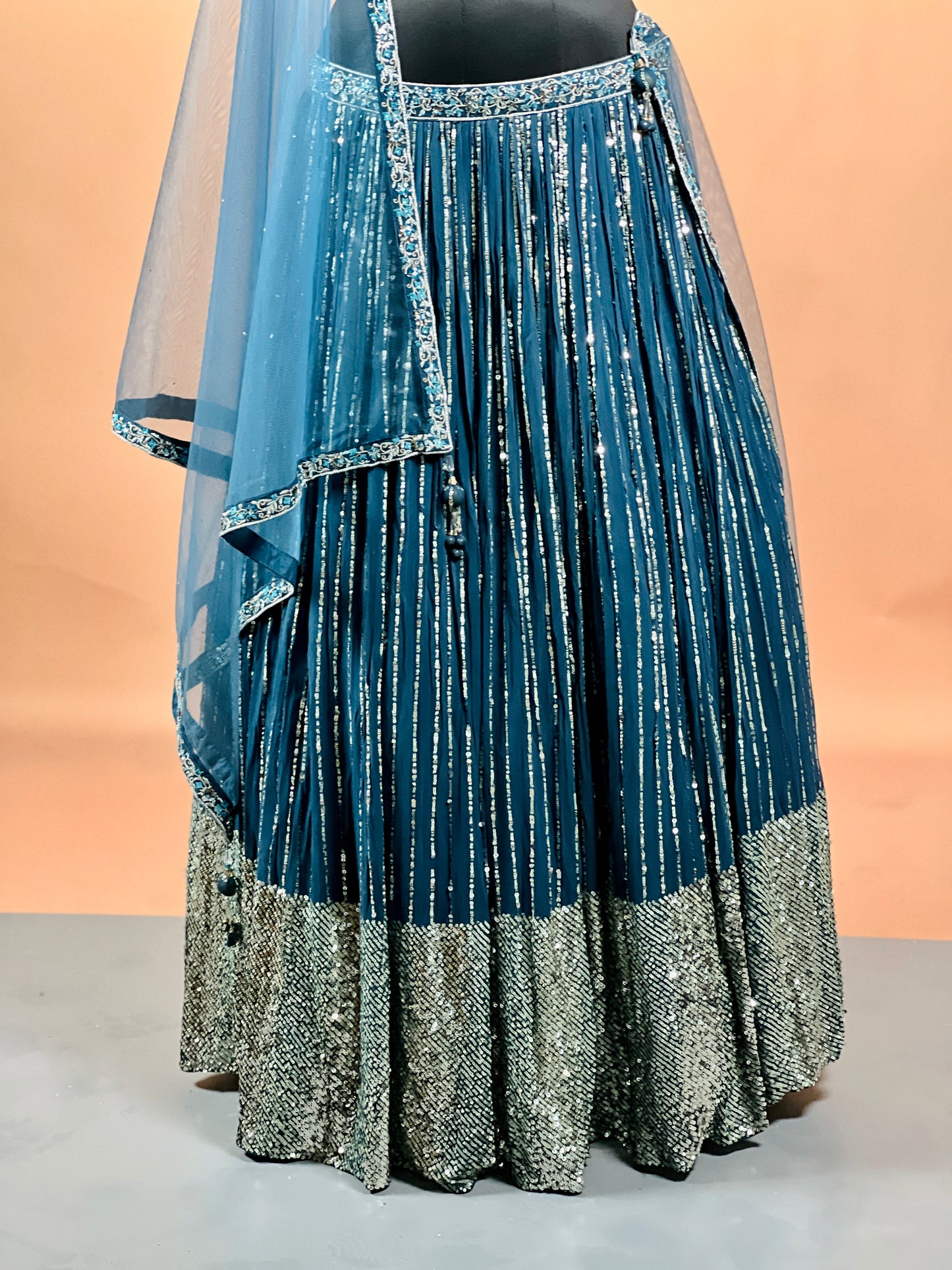 Teal Blue Sequin Embellished Lehenga Set with Net Dupatta