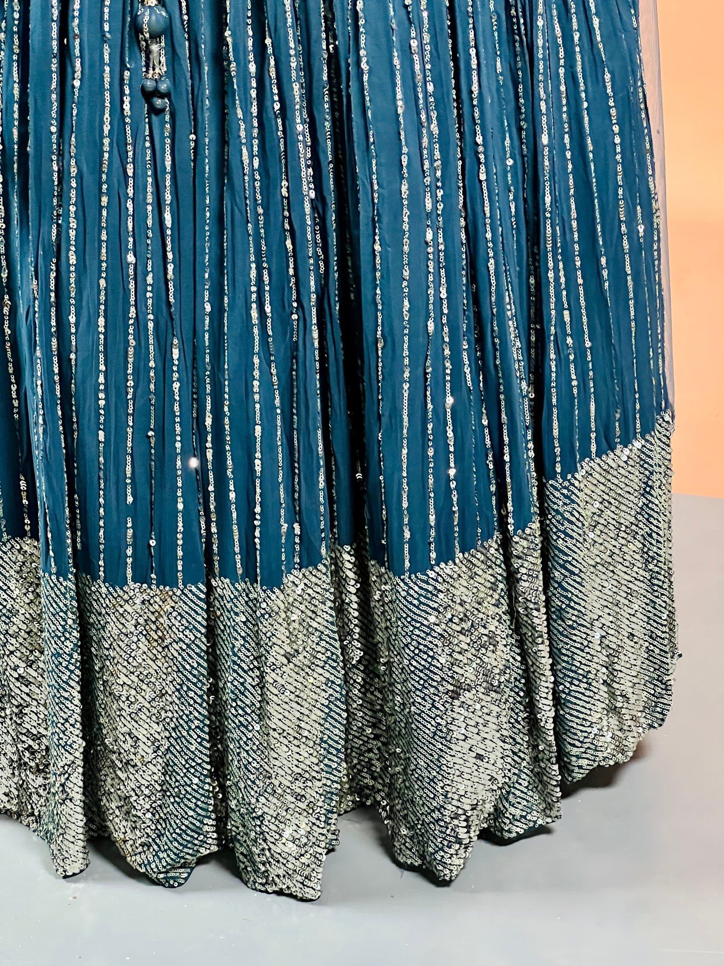 Teal Blue Sequin Embellished Lehenga Set with Net Dupatta