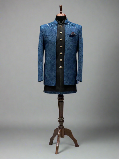 Teal Blue Textured Indo-Western with Antique Gold Buttons