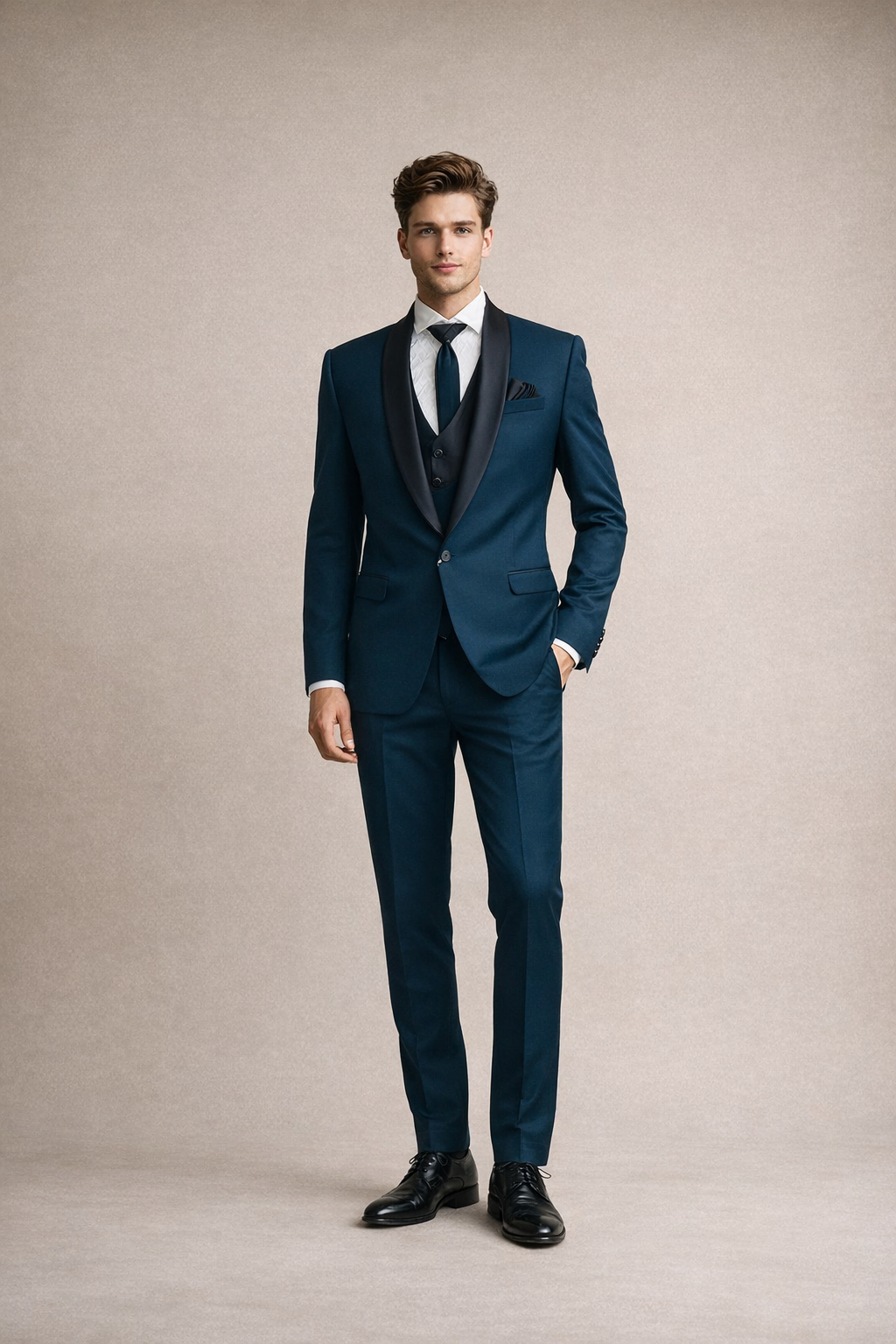 Teal Blue Tuxedo Suit with Black Satin Shawl Lapel – Premium 3-Piece Formal Suit