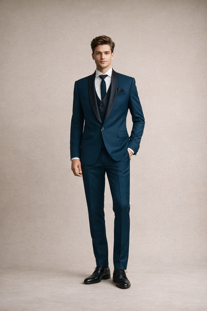Teal Blue Tuxedo Suit with Black Satin Shawl Lapel – Premium 3-Piece Formal Suit