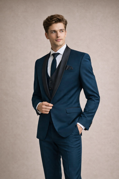 Teal Blue Tuxedo Suit with Black Satin Shawl Lapel – Premium 3-Piece Formal Suit