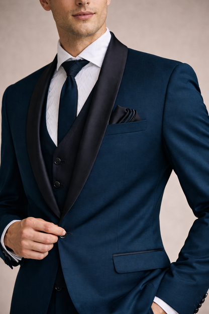 Teal Blue Tuxedo Suit with Black Satin Shawl Lapel – Premium 3-Piece Formal Suit