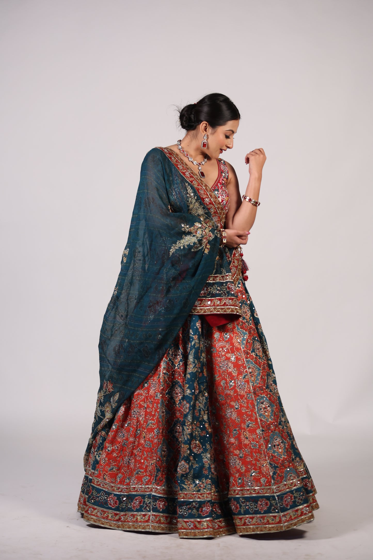 Teal Blue & Rust Red Floral Hand-Embroidered Festive Lehenga Choli