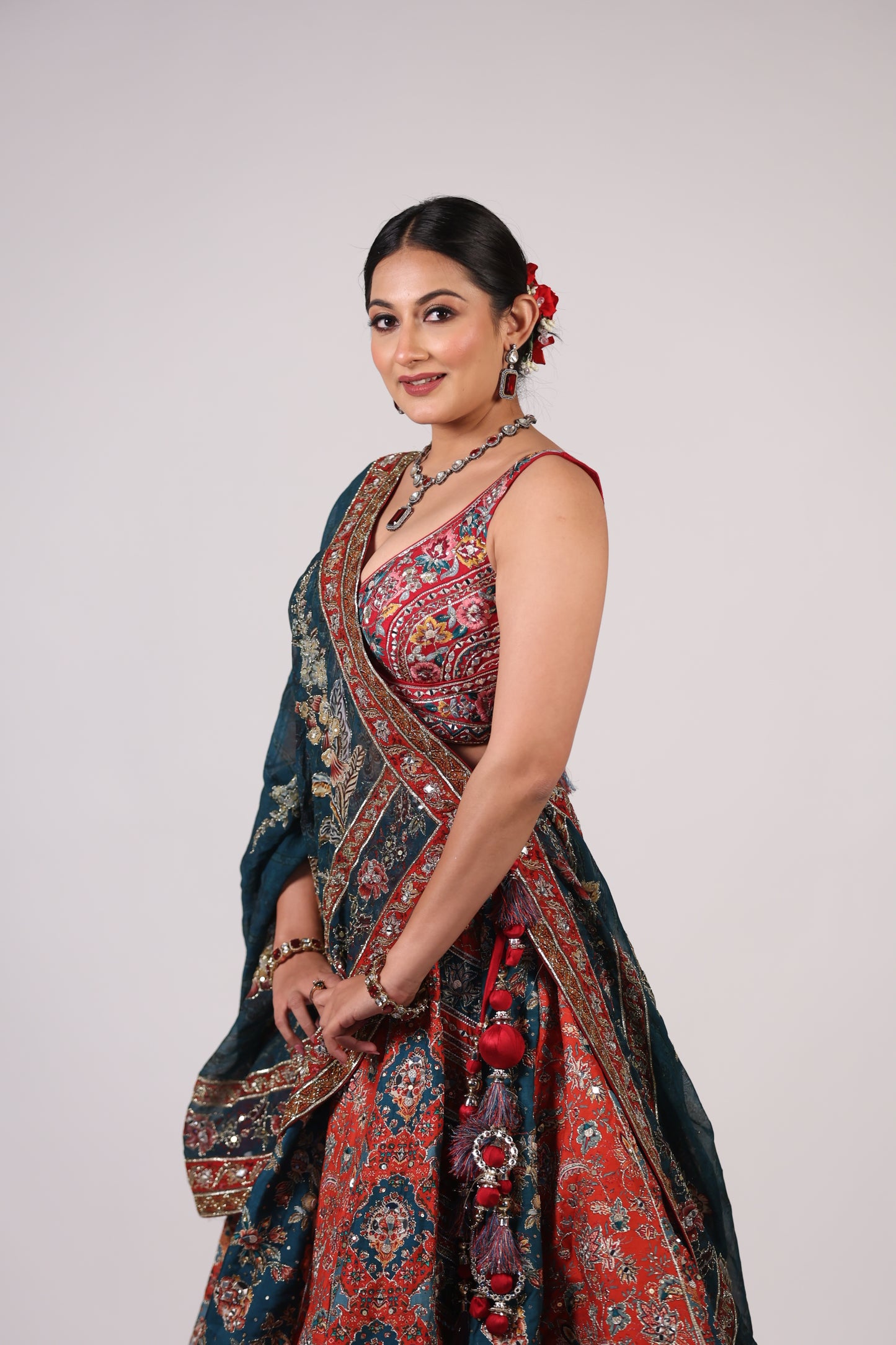 Teal Blue & Rust Red Floral Hand-Embroidered Festive Lehenga Choli