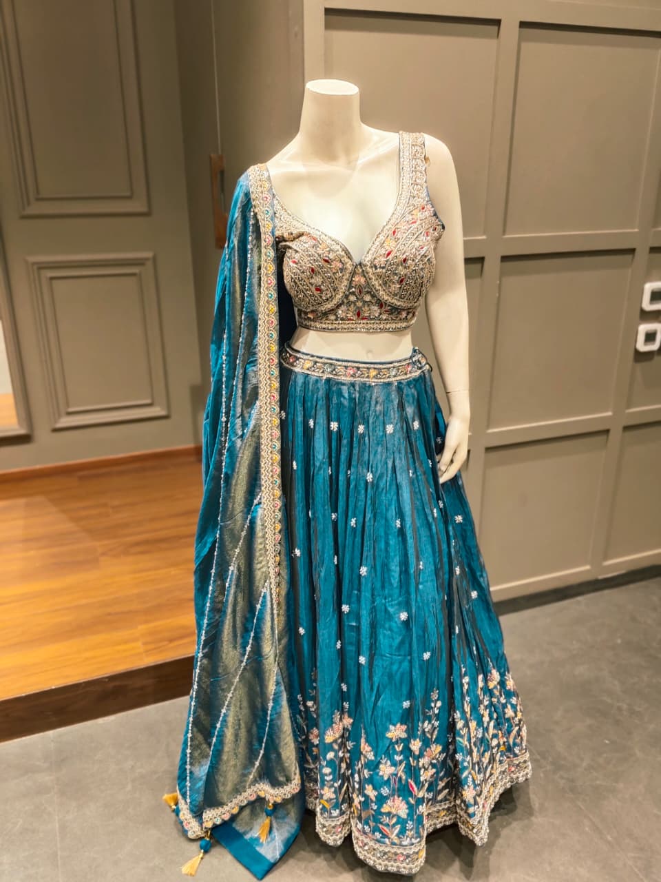 Teal Blue and Gold Embroidered Designer Lehenga Choli with Silk Dupatta
