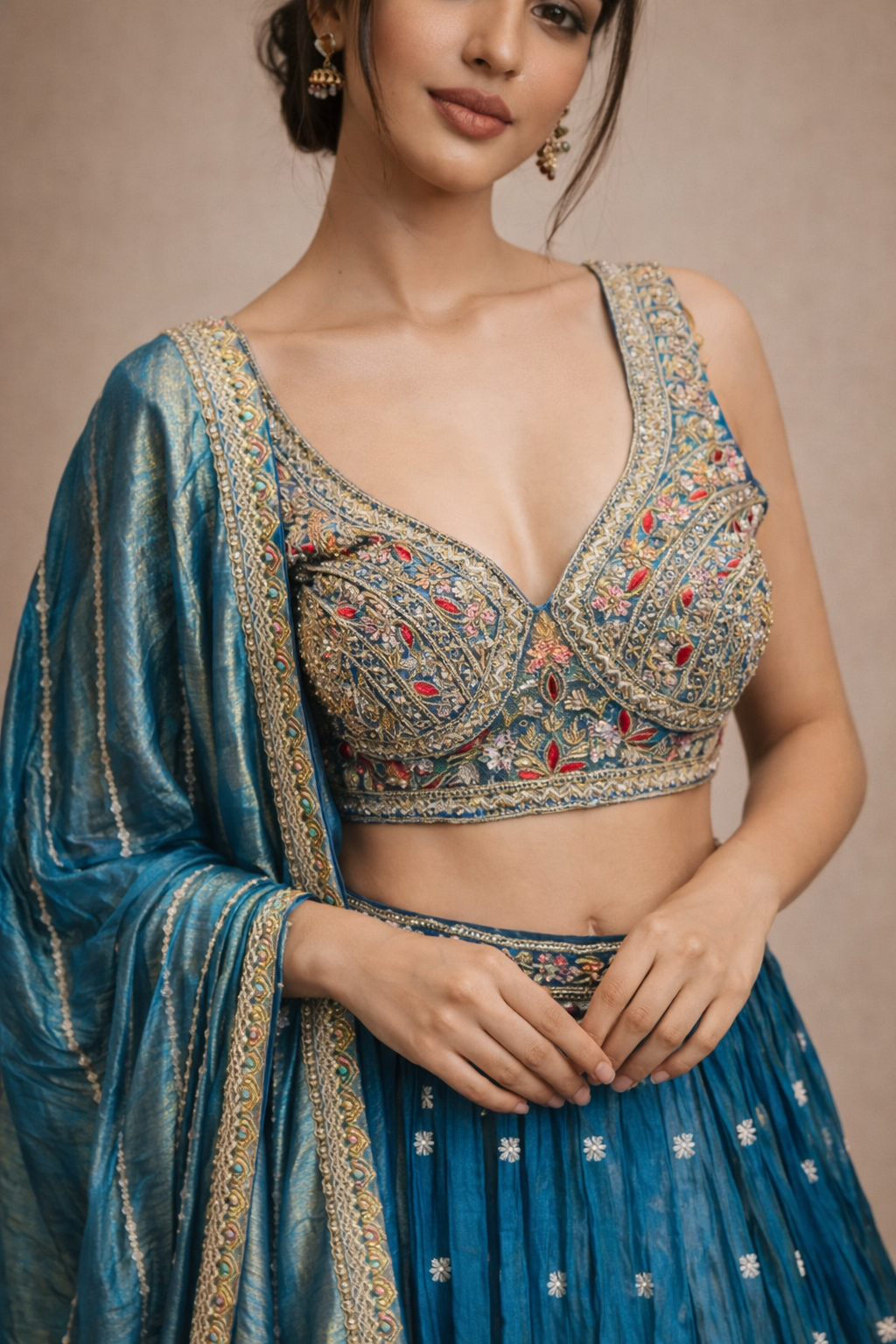 Teal Blue and Gold Embroidered Designer Lehenga Choli with Silk Dupatta
