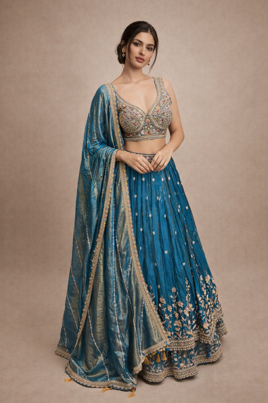 Teal Blue and Gold Embroidered Designer Lehenga Choli with Silk Dupatta
