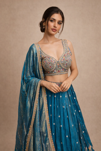 Teal Blue and Gold Embroidered Designer Lehenga Choli with Silk Dupatta