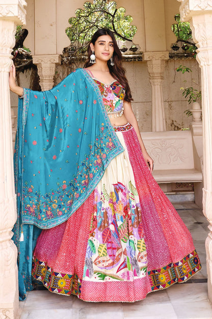 Teal Blue and Multicolor Kutchi Mirror Work Gujarati Navratri Chaniya Choli