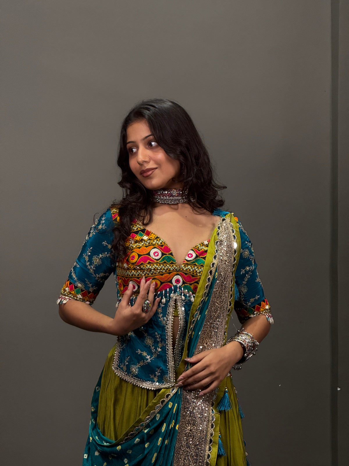 Teal Blue and Olive Green Embroidered Lehenga Choli with Mirror Work