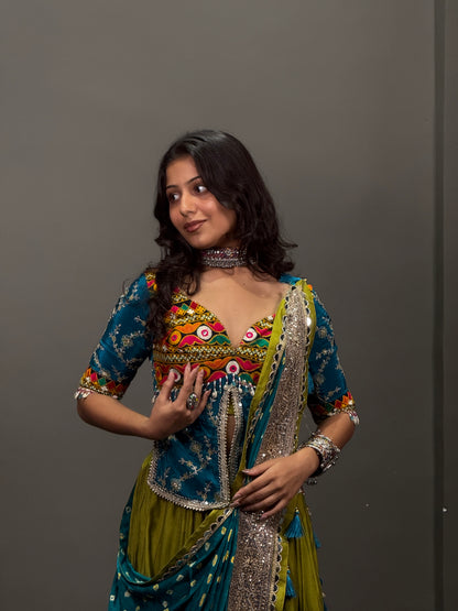 Teal Blue and Olive Green Embroidered Lehenga Choli with Mirror Work