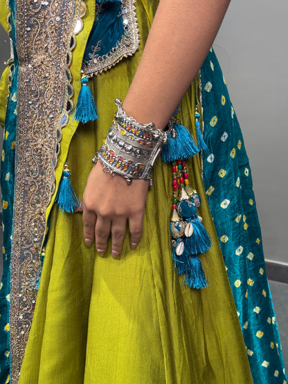 Teal Blue and Olive Green Embroidered Lehenga Choli with Mirror Work