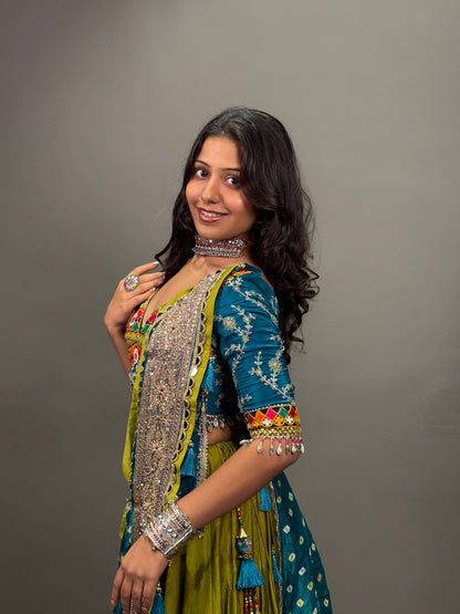 Teal Blue and Olive Green Embroidered Lehenga Choli with Mirror Work