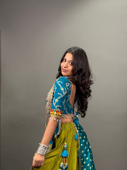 Teal Blue and Olive Green Embroidered Lehenga Choli with Mirror Work