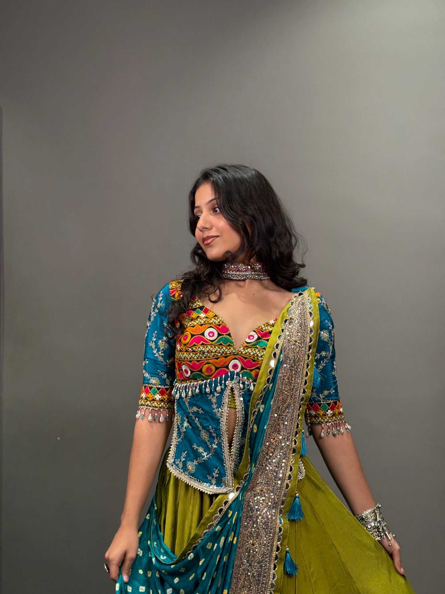Teal Blue and Olive Green Embroidered Lehenga Choli with Mirror Work