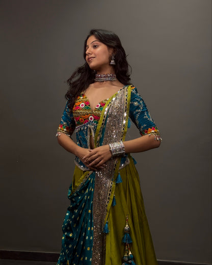 Teal Blue and Olive Green Embroidered Lehenga Choli with Mirror Work