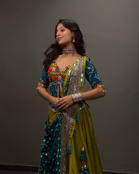 Teal Blue and Olive Green Embroidered Lehenga Choli with Mirror Work