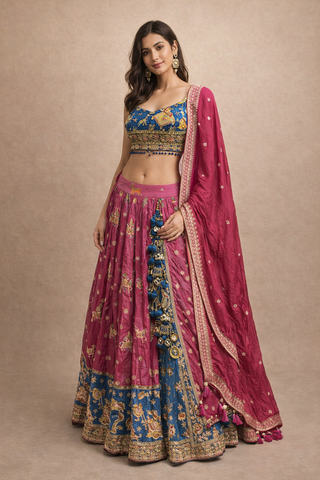 Teal Blue and Rani Pink Traditional Embroidered Lehenga Choli