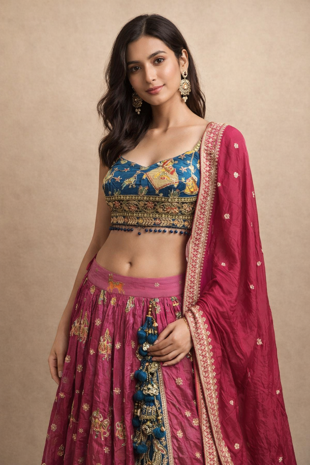 Teal Blue and Rani Pink Traditional Embroidered Lehenga Choli