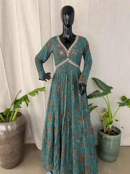 Teal Floral Anarkali with Sequins & Gota Detailing