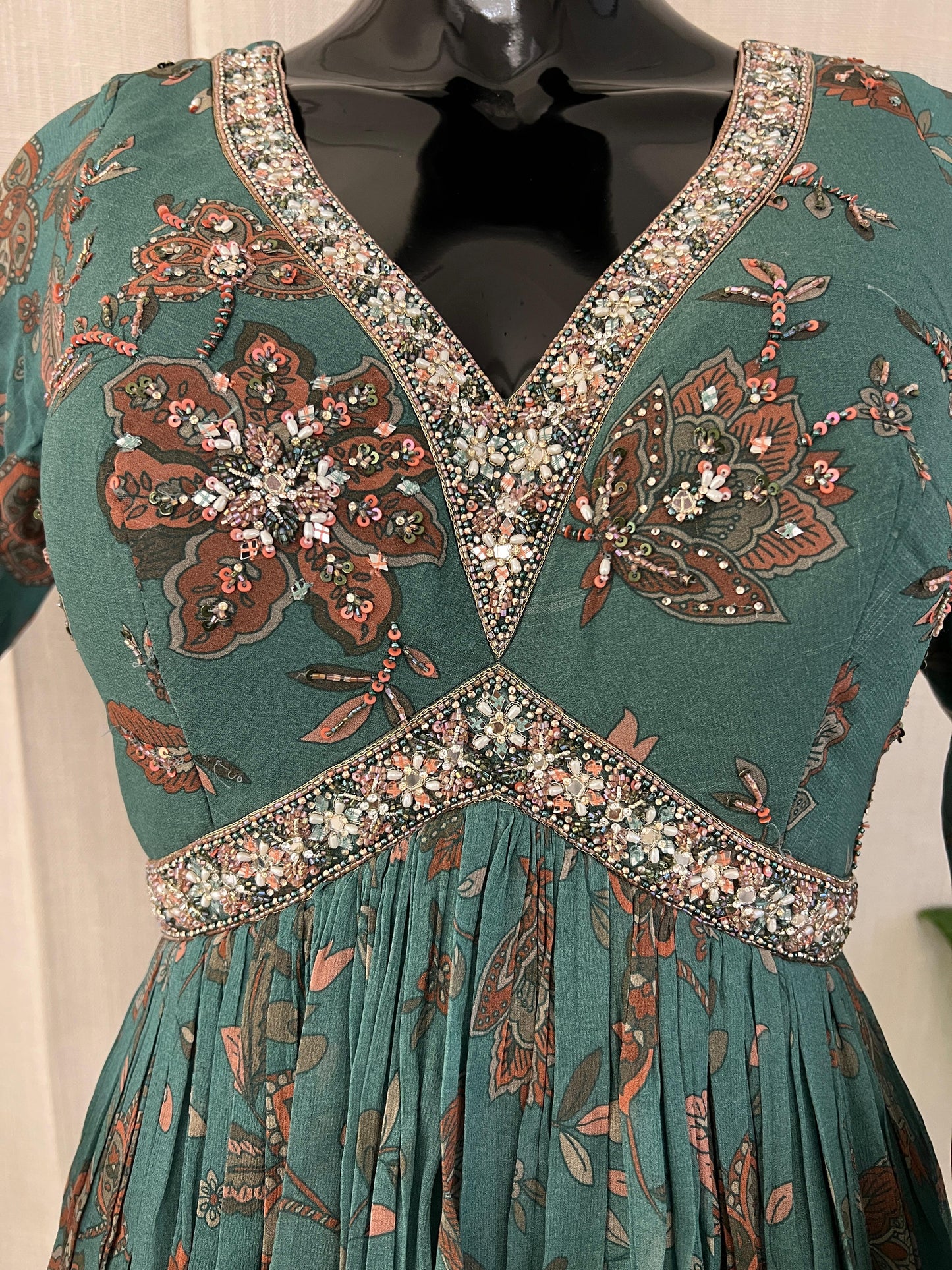 Teal Floral Anarkali with Sequins & Gota Detailing