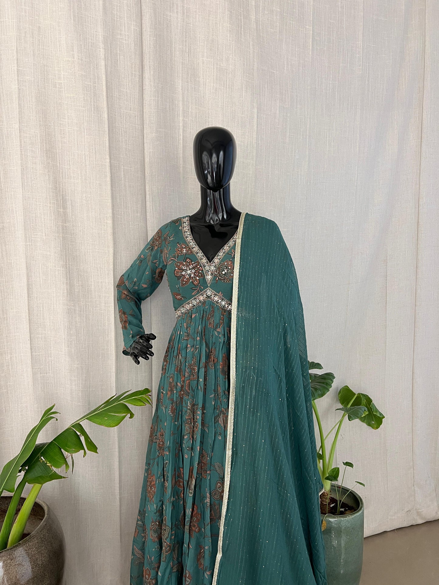 Teal Floral Anarkali with Sequins & Gota Detailing