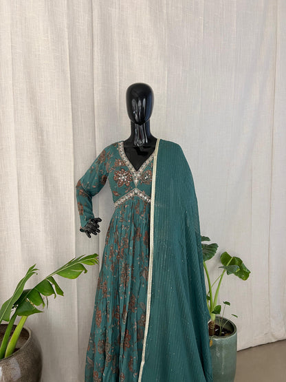 Teal Floral Anarkali with Sequins & Gota Detailing
