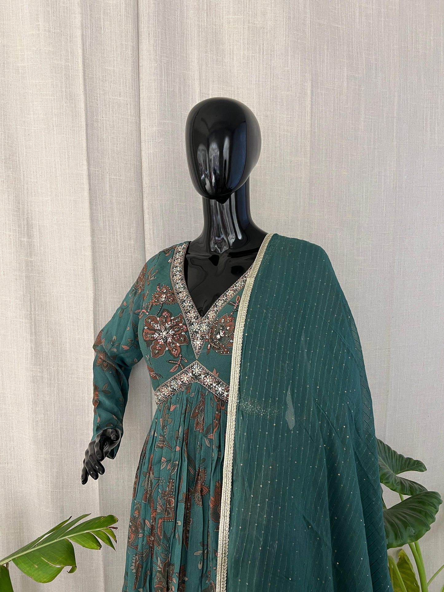 Teal Floral Anarkali with Sequins & Gota Detailing