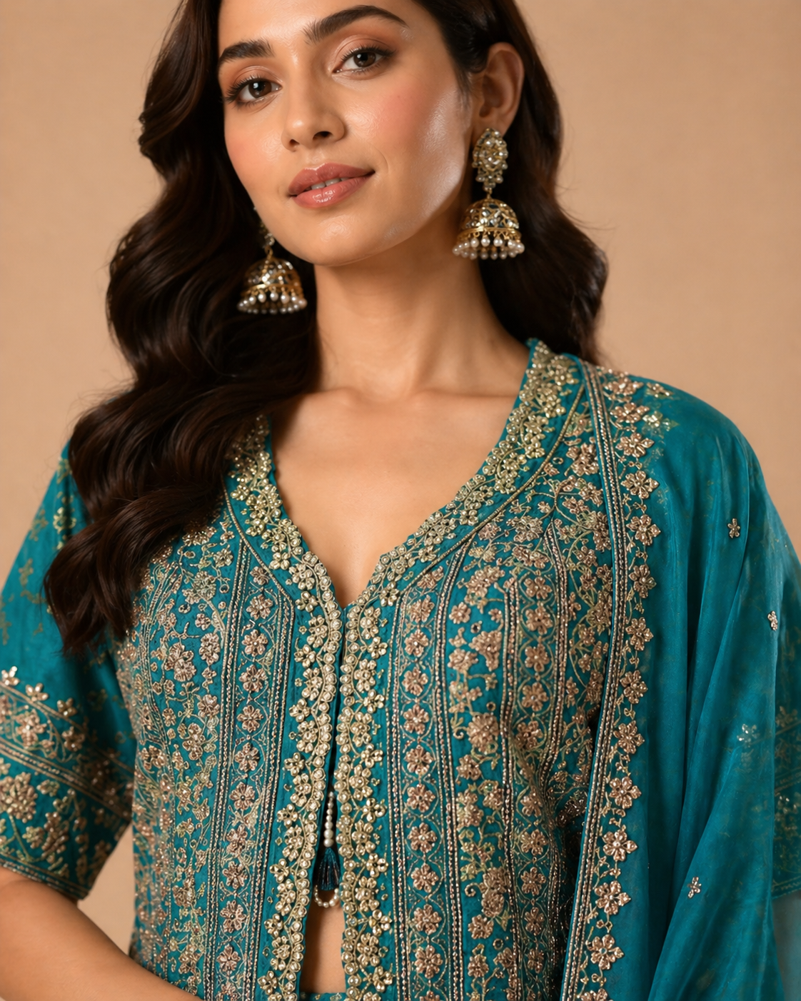 Teal Green Embroidered Lehenga Choli with Heavy Zari Work & Designer Jacket