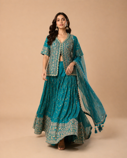 Teal Green Embroidered Lehenga Choli with Heavy Zari Work & Designer Jacket