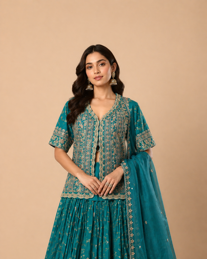 Teal Green Embroidered Lehenga Choli with Heavy Zari Work & Designer Jacket