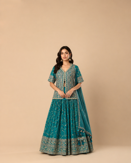 Teal Green Embroidered Lehenga Choli with Heavy Zari Work & Designer Jacket