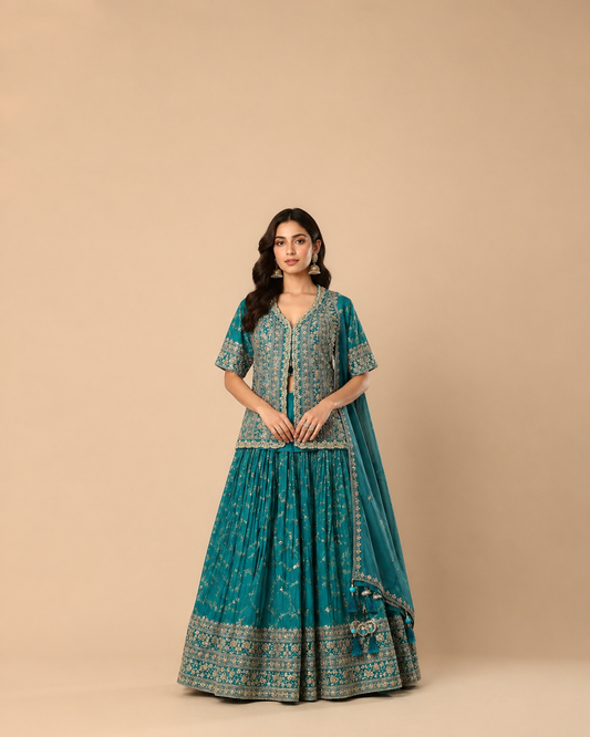 Teal Green Embroidered Lehenga Choli with Heavy Zari Work & Designer Jacket