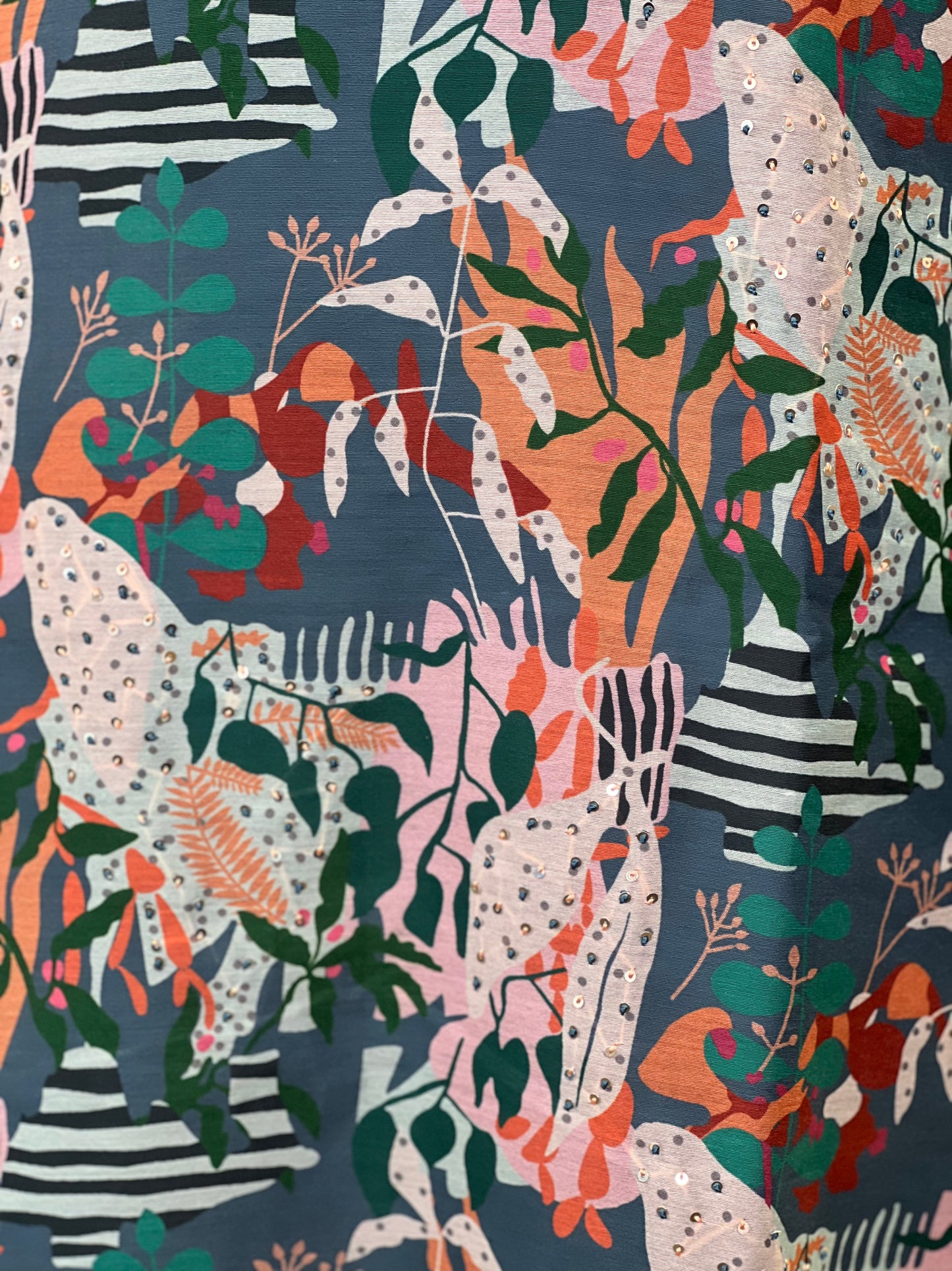 Teal Green Printed Kurta with Abstract Jungle Motifs and Contrast Detailing