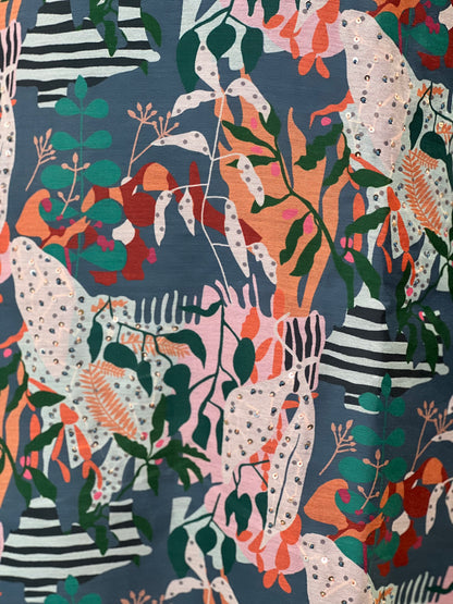 Teal Green Printed Kurta with Abstract Jungle Motifs and Contrast Detailing