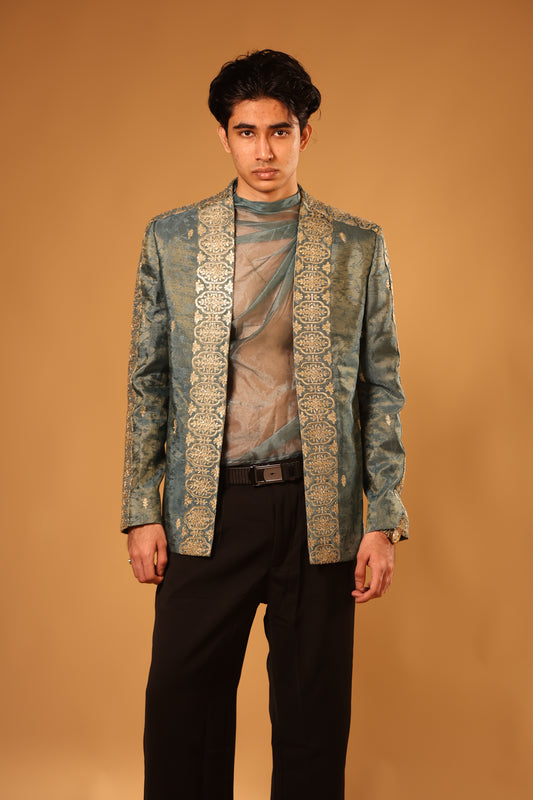 Teal Green & Antique Gold Embroidered Indo-Western Set