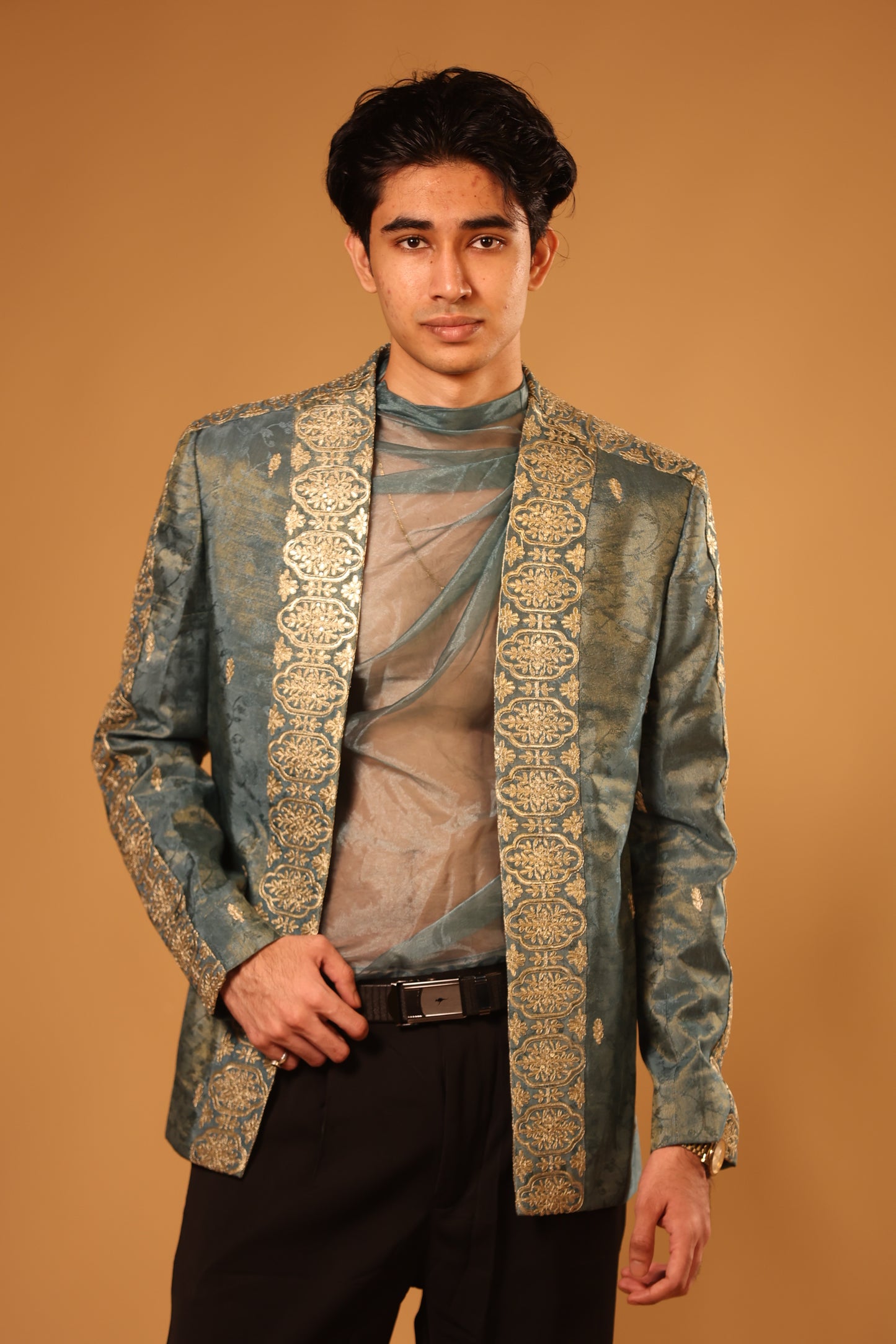 Teal Green & Antique Gold Embroidered Indo-Western Set