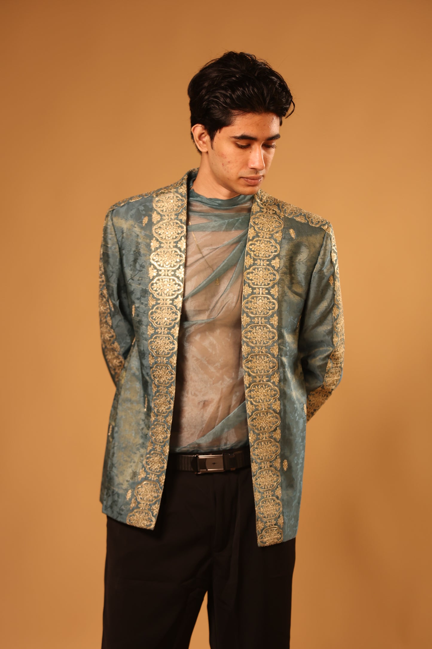 Teal Green & Antique Gold Embroidered Indo-Western Set