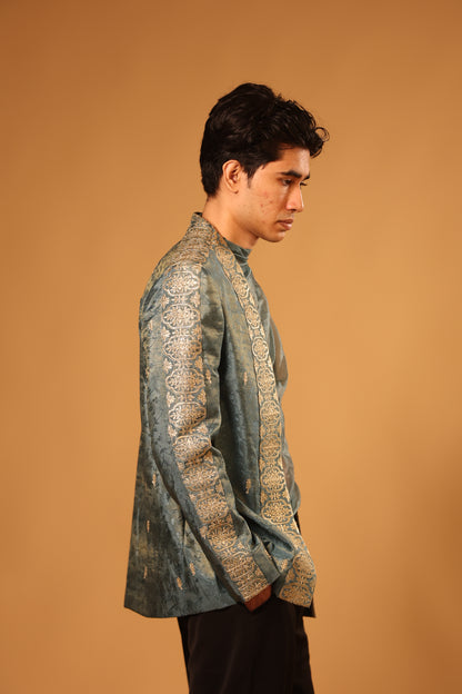 Teal Green & Antique Gold Embroidered Indo-Western Set