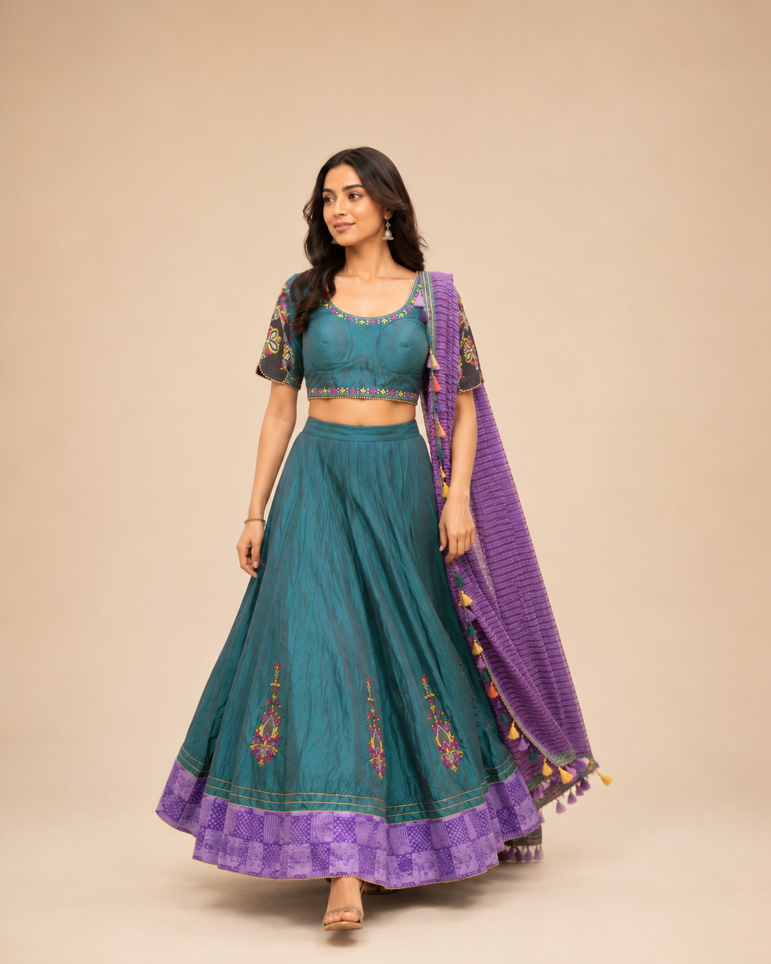 Teal Green and Lavender Embroidered Chaniya Choli