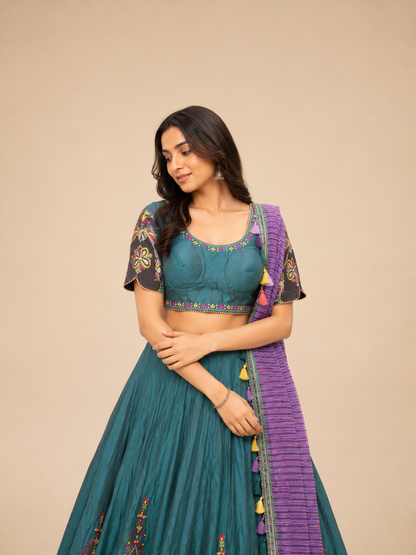 Teal Green and Lavender Embroidered Chaniya Choli