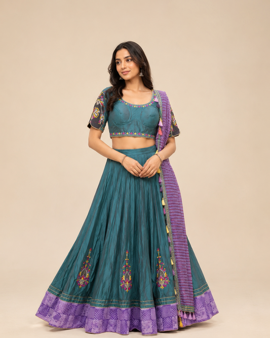 Teal Green and Lavender Embroidered Chaniya Choli