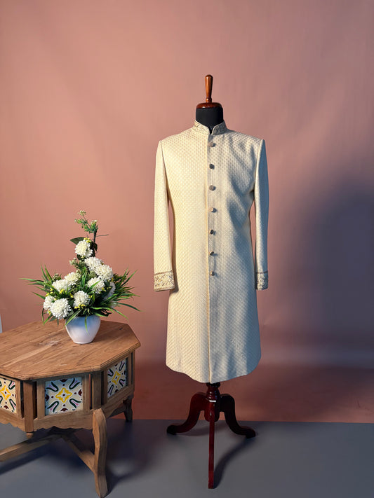 Textured Ivory Sherwani with Subtle Embroidery and Classic Button Detailing
