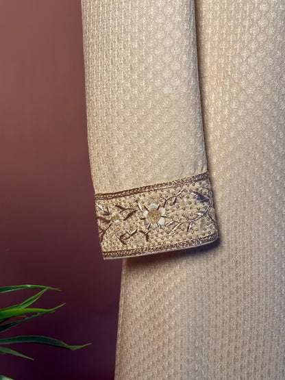 Textured Ivory Sherwani with Subtle Embroidery and Classic Button Detailing