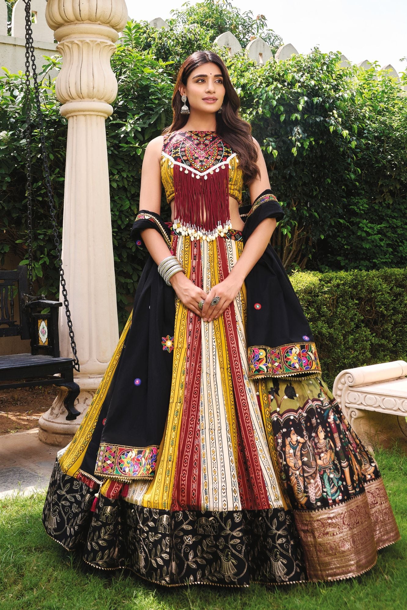 Traditional Gujarati Navratri Chaniya Choli with Ethnic Print & Mirror Work