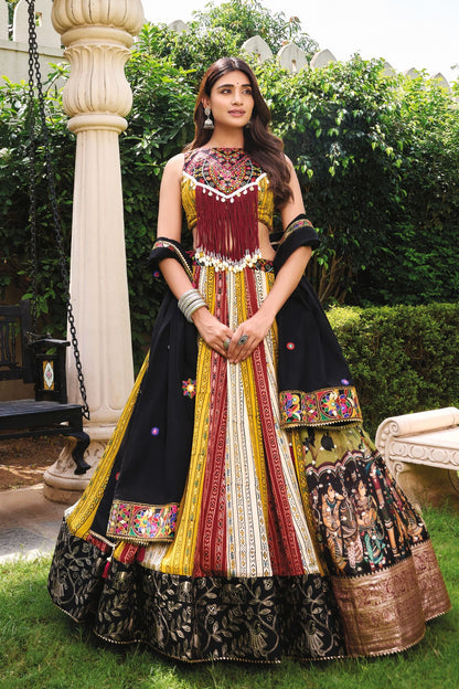 Traditional Gujarati Navratri Chaniya Choli with Ethnic Print & Mirror Work