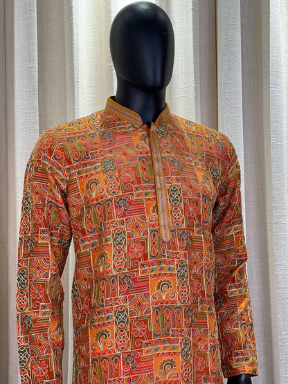 Traditional Multicolor Printed Cotton Silk Kurta with Geometric & Paisley Motifs